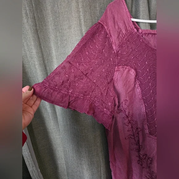 Denim24/7 Blouse Short Sleeve Button Down Embroidered Pink Sz 24W Boho Fairy - Picture 2 of 6